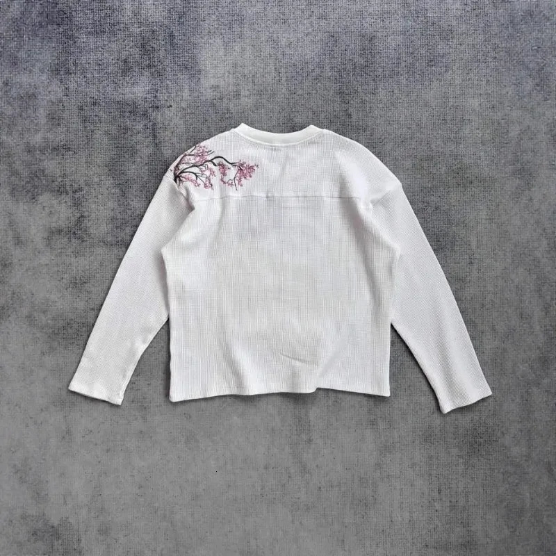 Deeptown White Cherry Blossom Embroidery Man Women T-Shirts Long Sleeve Oversized Waffle Tees Basic Harajuku Casual Streetwear 260904