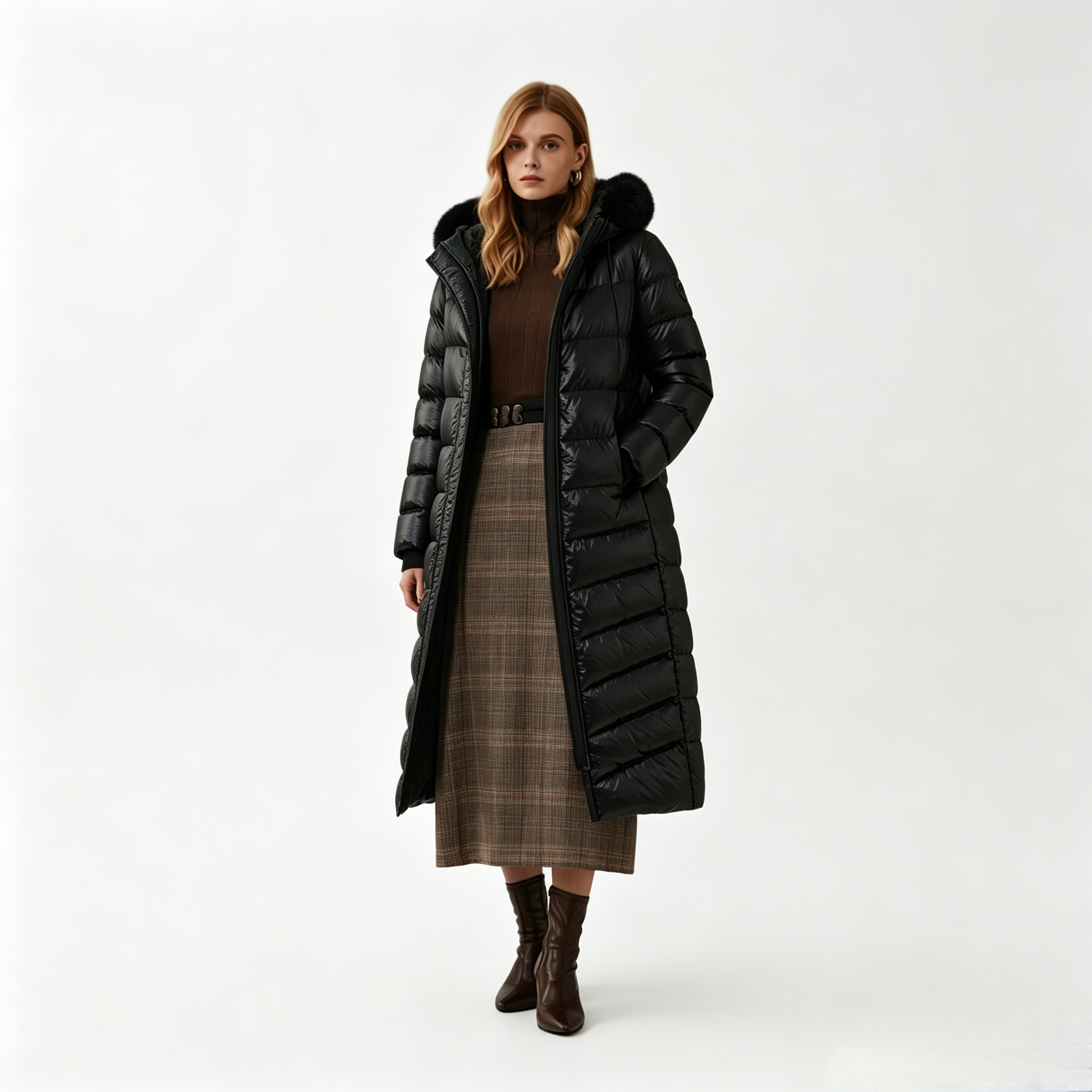 Women Over-Knee Black Shiny Down Coat 80% White Duck Down Thick Warm Hooded Winter Puffer Stain-Resistant High-Quality Outerwear