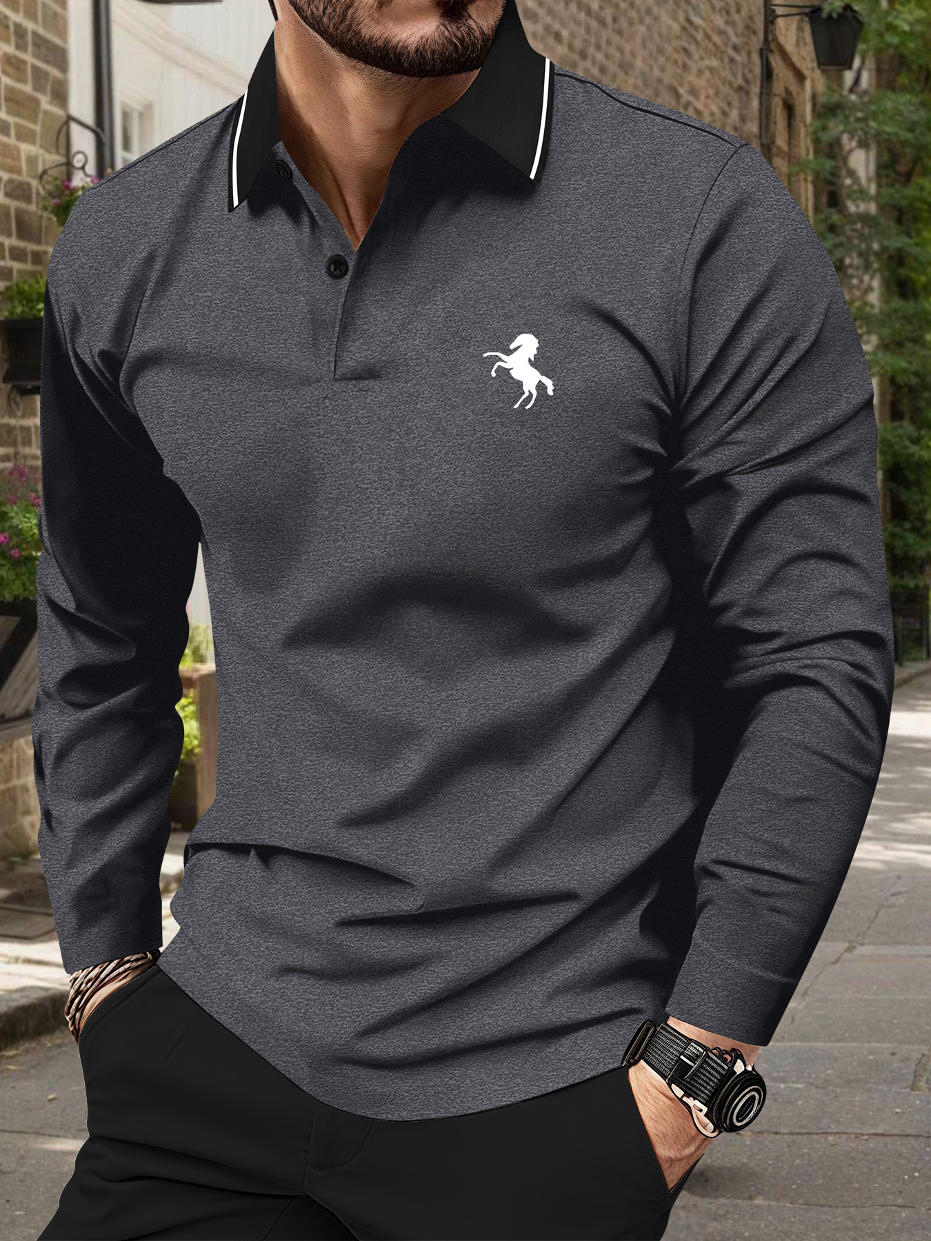 Designer Men's Spring and Autumn White Horse Print Casual Long Sleeve Polo Shirt Fashionable for Beach Vacations Sports Commuting Work Golf Fis
