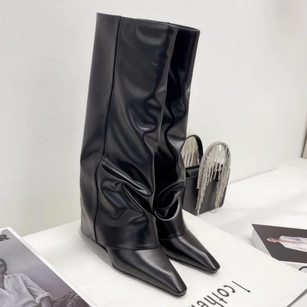Shoe Designer Woman Boot Luxury High Leather Calf Strap Casual Street Fall Trendy Outdoor Wear Chunky Wedge City Design Stitch Model Back Formal Pat
