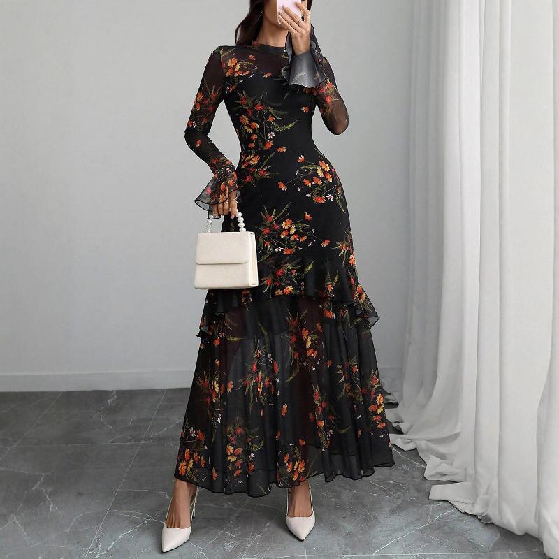Robe sirène vintage en mousseline de soie florale pour femme, col haut, manches longues en forme de cloche, ourlet à volants superposé, transpare