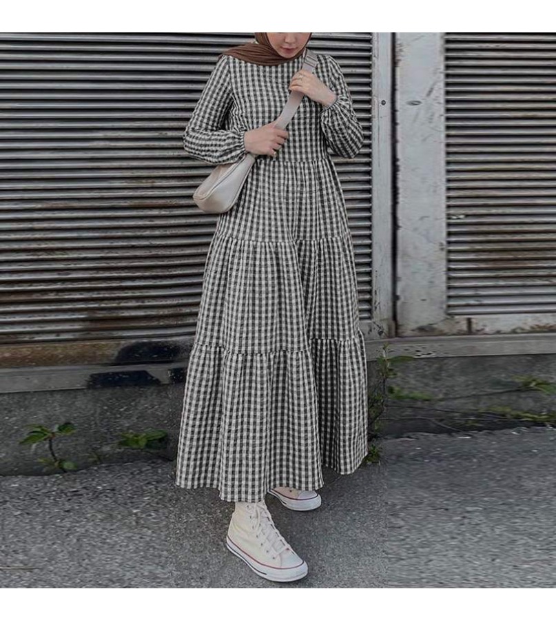 (2063) nouvelle belle et à la mode robe musulmane à carreaux à manches bouffantes