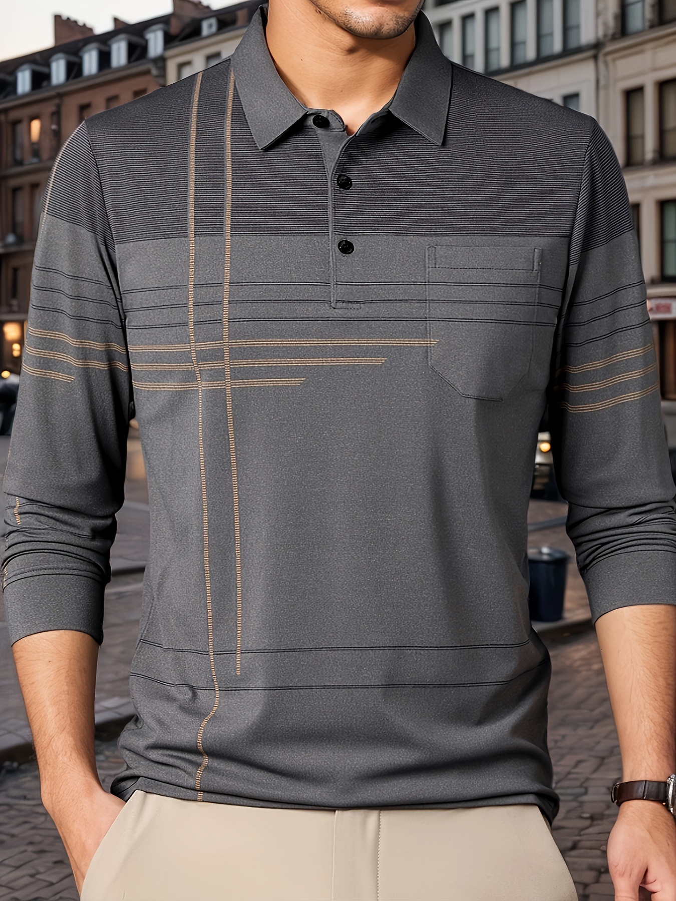 Designer Men's printed casual turn down collar striped 1/4 button real pocket vintage outdoor breathable polo shirt 4b