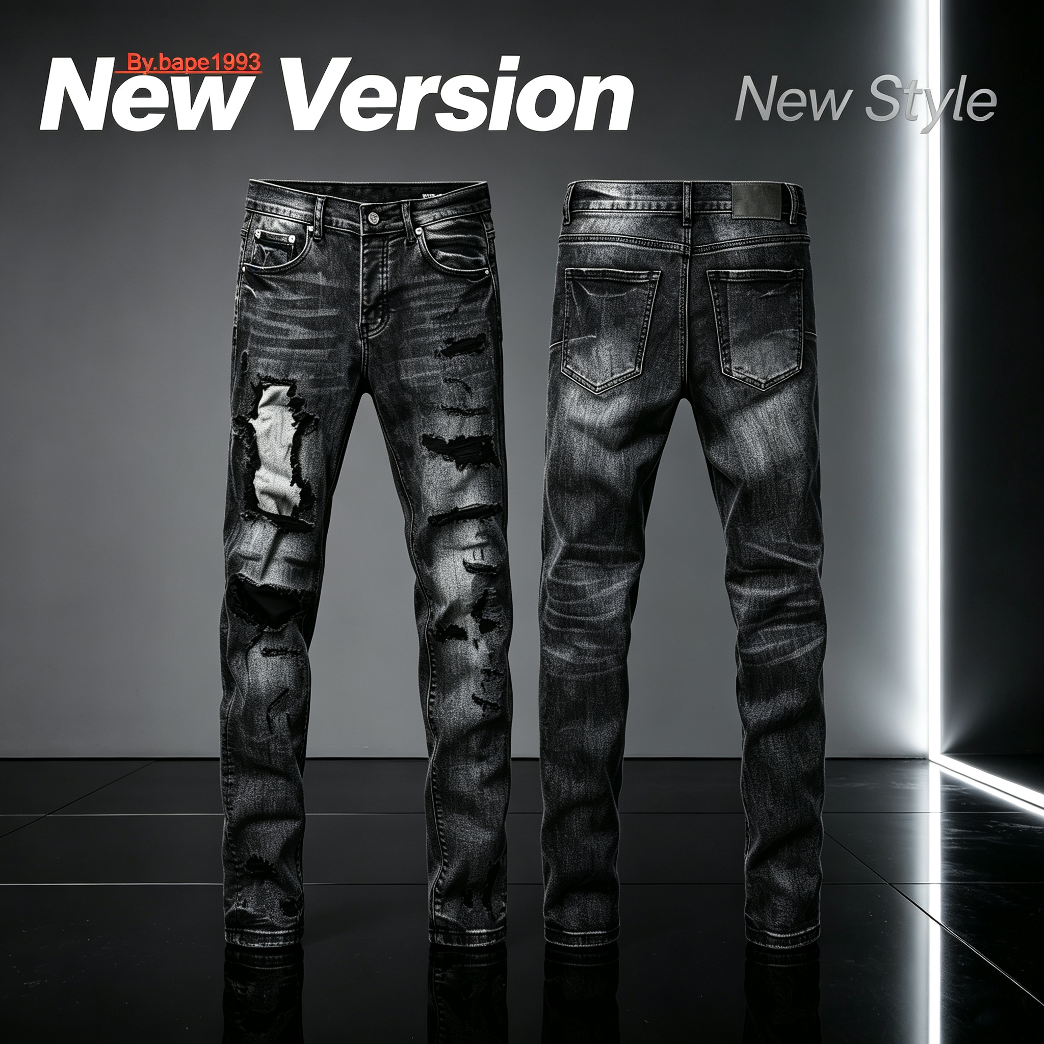 Men Stretch Slim Straight Denim Jeans Mid Rise Black Grey Heavy Faded Blowout Knee Rip Repair Patch 3D Whisker Distressed Hip Hop Street Trousers Si
