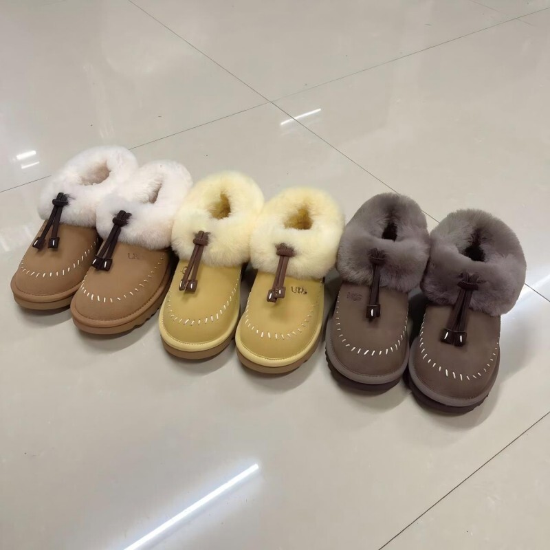 Designer Women Winter Furry Slippers Suede Cow Horn Buckle Mules Plush Fuzzy Lined Home Outdoor Warm Non Slip Flat Slipper Shoes