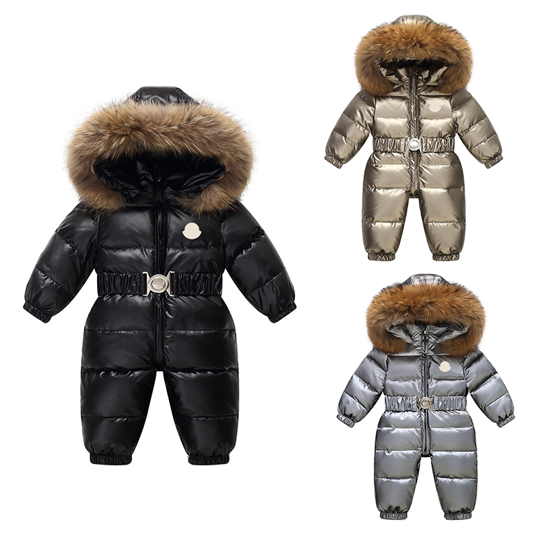 kids coat Infant Toddler Glossy One Piece Ski Jumpsuit With Large Faux Fur Trim Hood Belted Waist Thick Padded Windproof Winter Snowsuit For Baby Bo