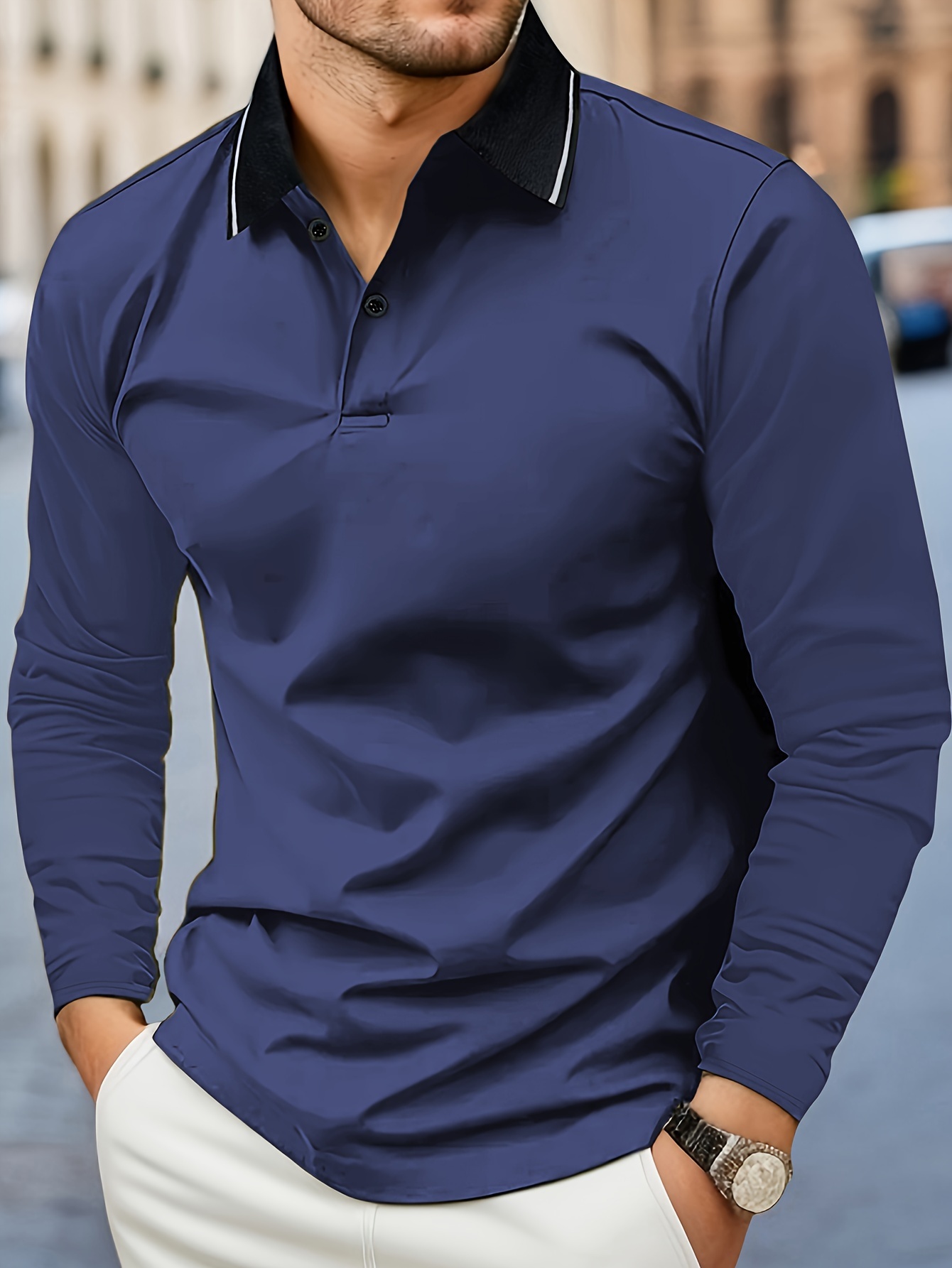 Designer Autumn and winter polo shirt with a turn down collar long sleeved solid color casual sportswear men's top 51