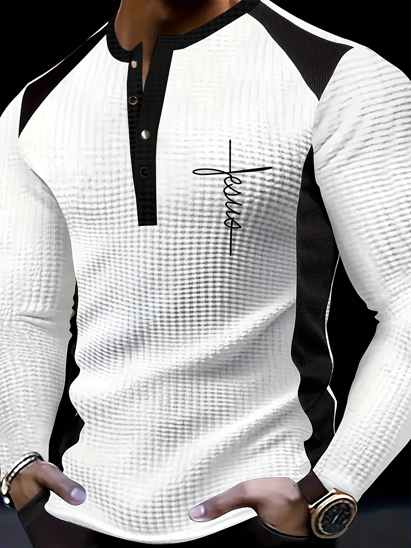 Designer Fashion T Autumn/Winter Casual Waffle Pattern Color Block Button Long Sleeve Letter Print Men's Henley Shirt 5a