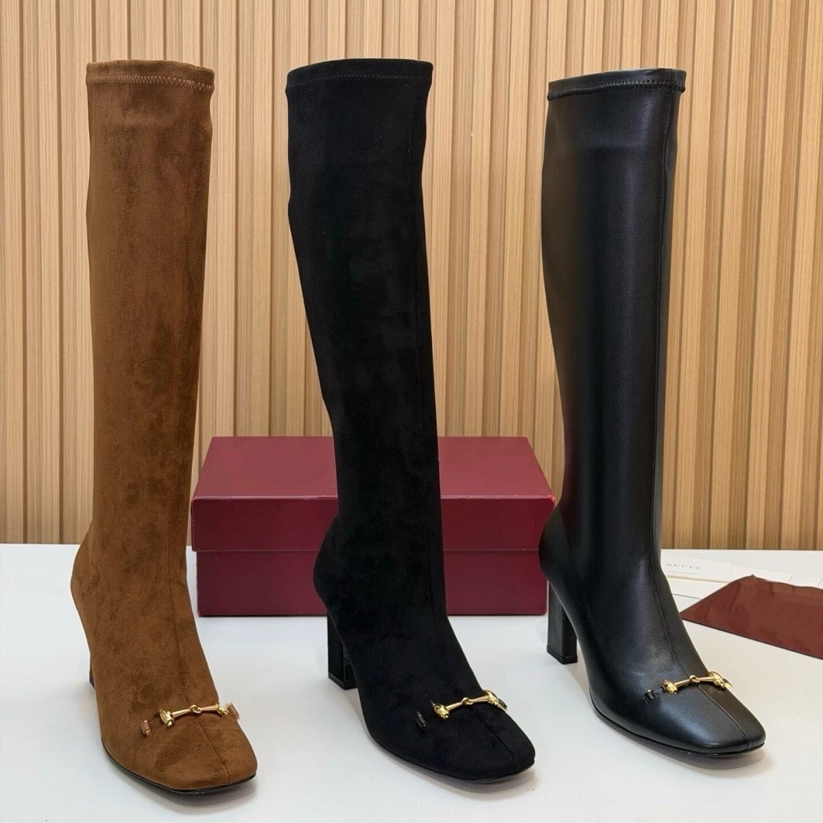 Womens Shoe Designer Boot Luxury Winter Leather Square Toe Block Heel Fashion Street Club Party Brown Gold Bow Stylish Girl Modern Formal Casual Smo