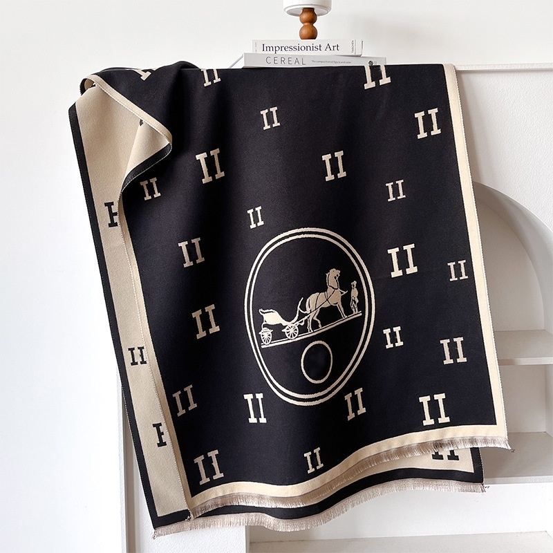 Cozy Winter Scarf Women Soft Faux Cashmere Wrap Round Neck Solid Color Letter Print Carriage Pattern Shawl for Daily Travel