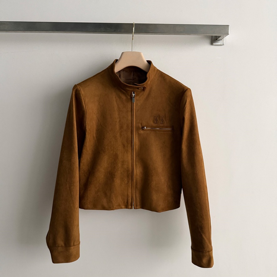 Women Brown Crop Jackets Luxury Vintage Soft Fitted Suede Coats Autumn Winter Stand Collar Motorcycle Style Versatile Jackets