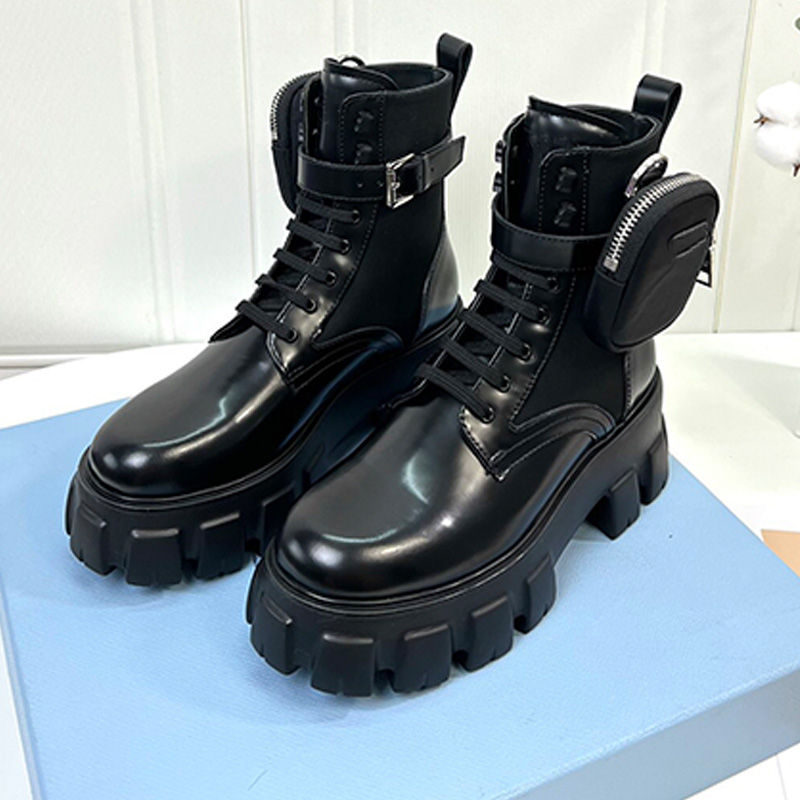 Designer Womans Monolith Leather and Re Nylon Boots Pouch Luxury Black Texture Leather Nylon Shoes Upper Short Boots Womens Fashion Leisure Travel A