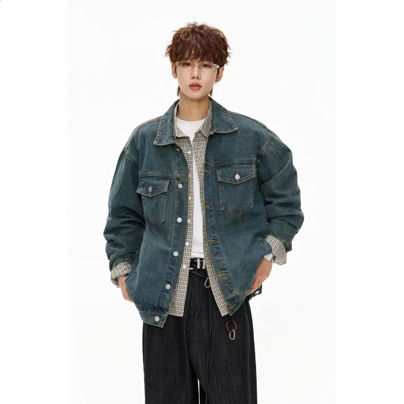 Unisex Vintage Washed Denim Jacket Classic Button Front Oversized Jean Coat with Chest Pockets Retro Blue 260907