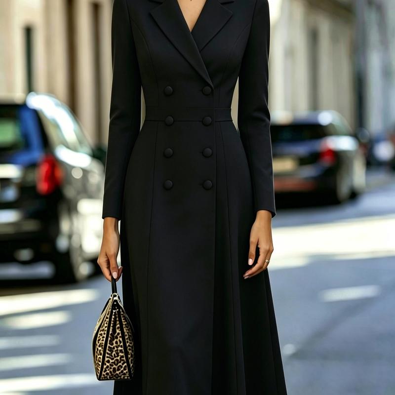 Femmes Revers Blazer Robe Midi À Manches Longues Double Boutonnage Conception Ceinture Coupe Slim Une Ligne Jupe Robe Formelle Élégante Tenue De