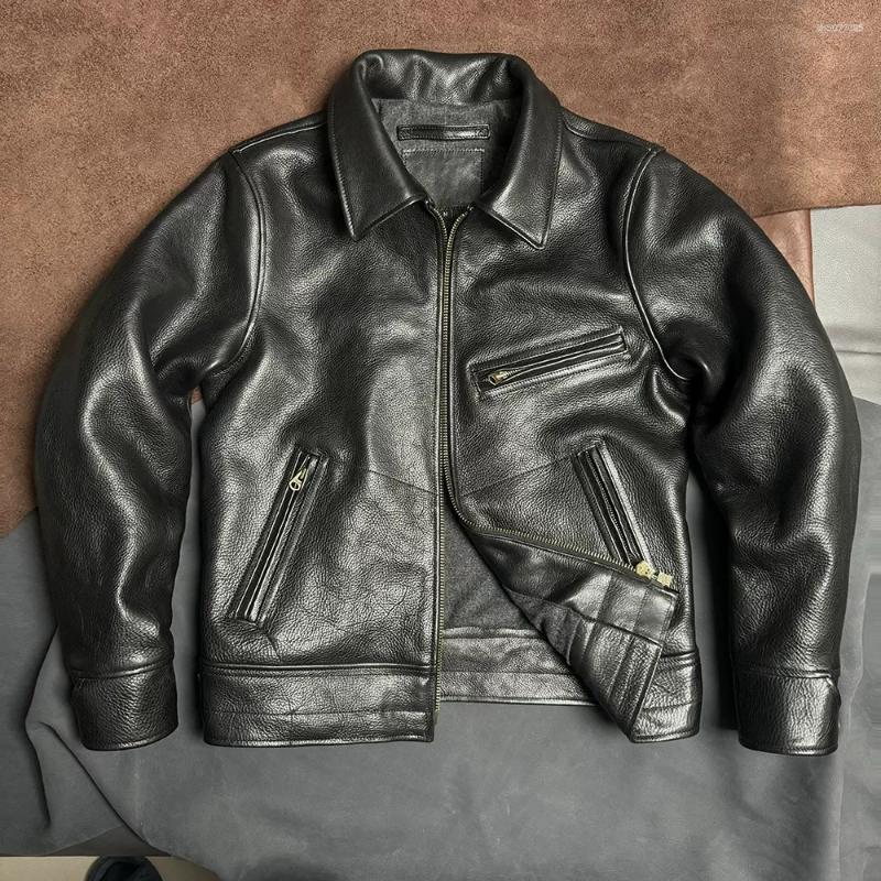Men's Leather YR!Top.Brand.2.0mm Super Thick Full Grain Cowhide Jacket.Classic Rider Heavy Natural Coat.Short Slim Fit Style.