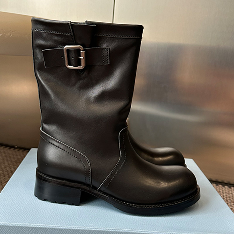 Designe Leather mid calf boots Womans Personalized Black Leather Metal Buckle Shoes Upper Workwear Boots Womens Fashion Outdoor Leisure Travel high