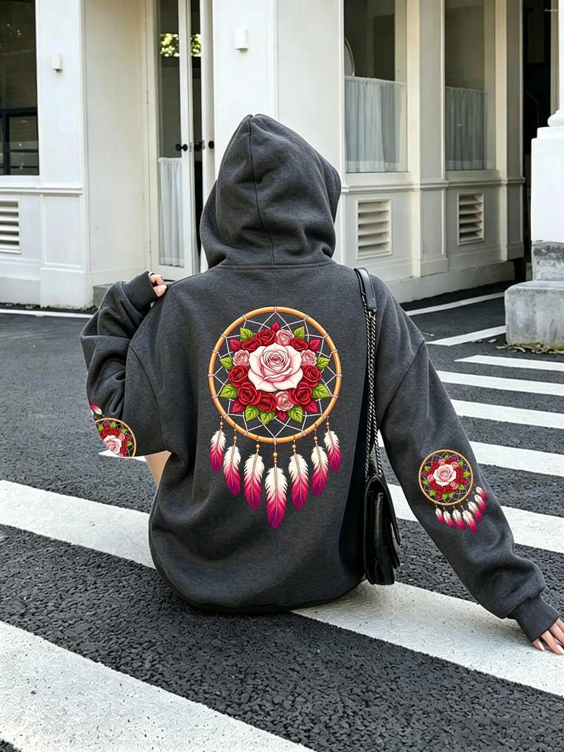 Women's Hoodies Vintage Rose Dreamcatcher Floral Feather Printed Women Hoody Korean Fleece Hoodie Autumn Woman Clothing Casual Loose
