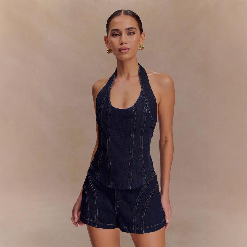 Tenue deux pièces en jean pour femmes, col licou, sans manches, coutures cousues, débardeur ajusté, taille haute, pantalon court assorti