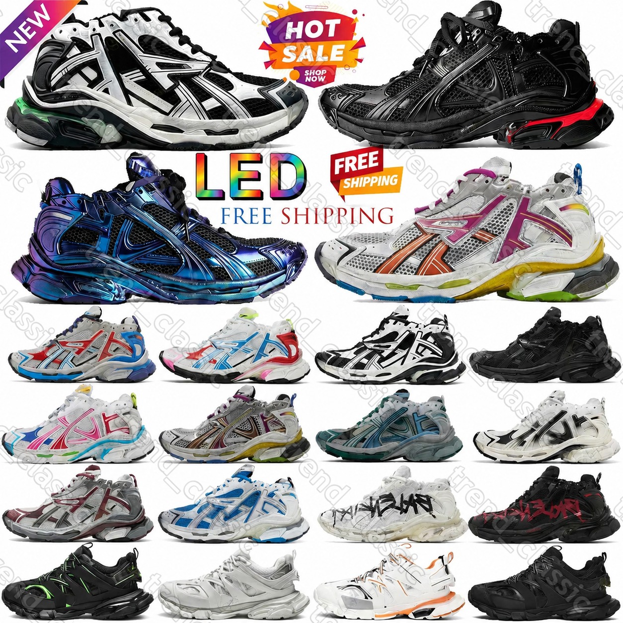 With Box Designer Runner Sneakers New LED Black Track Runners 7.0 7.5 3.0 Paris All Black White Pink Grey Leather Nylon Printed Platform men women t