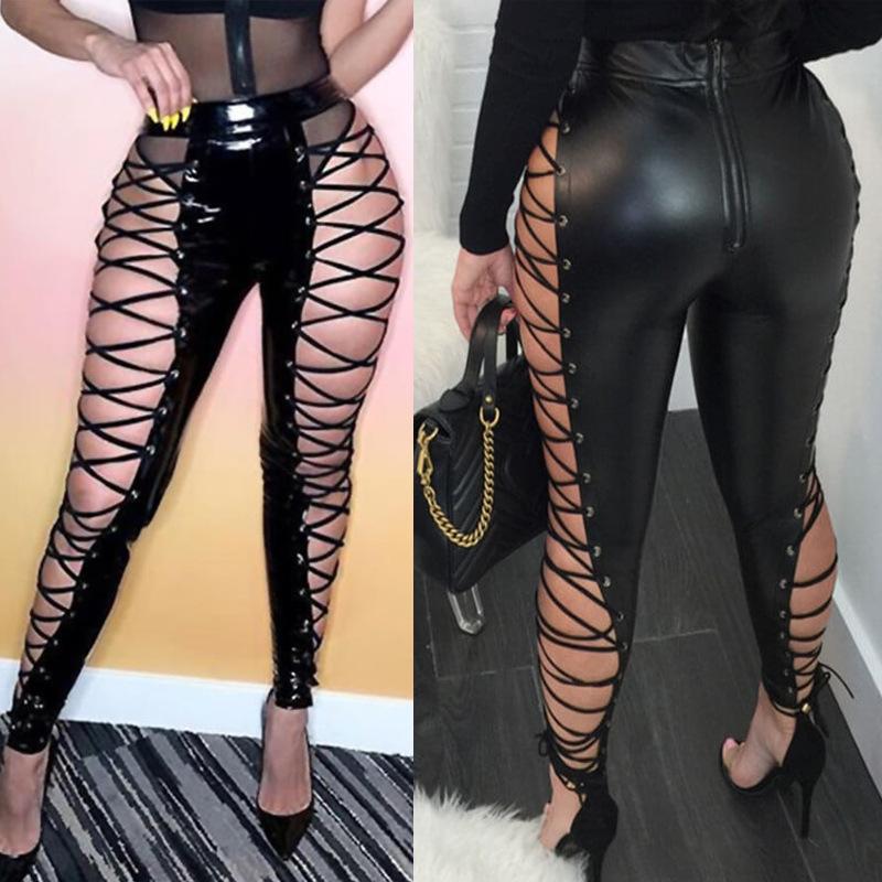 Femmes élégantes Forme Ajustée Faux Cuir Pantalon Skinny Taille Haute Oeillet Latéral À Lacets Conception Creuse Matériau Extensible Moulante Pan