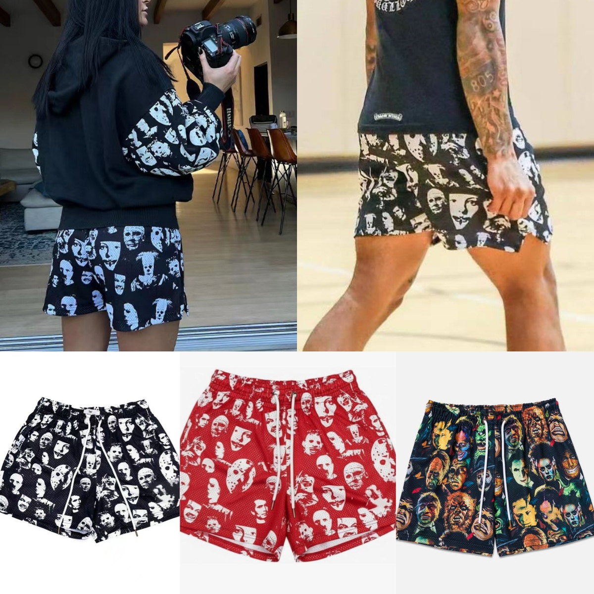 Designer Horror Movie Character Print Mesh Shorts Men Women Summer Loose Basketball Shorts Quick Dry 4 Inch Inseam Streetwear Casual Outdoor Work