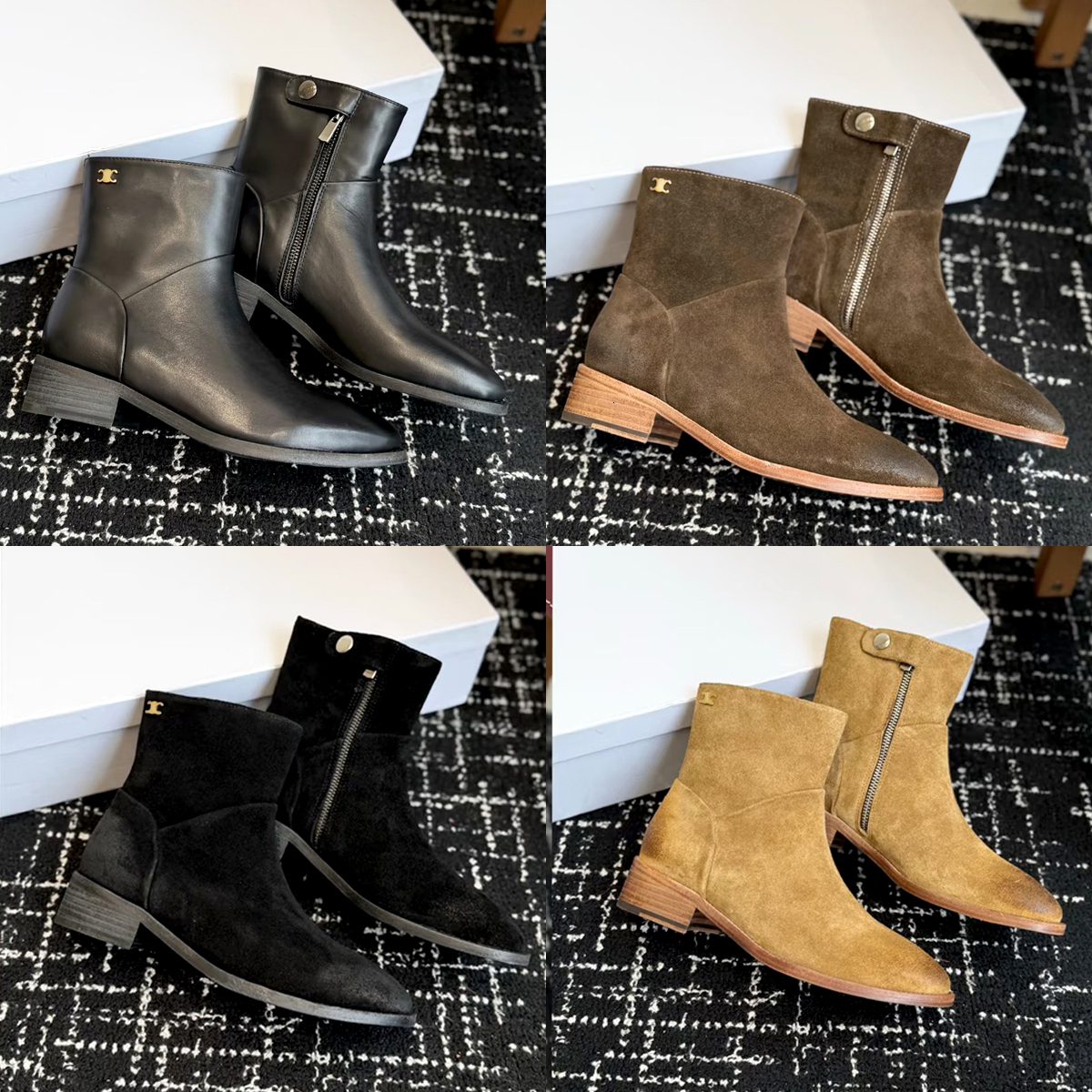 Designer Boots Autumn Winter High boot Ladies Knee Celinda Suede Vintage Ankle Women Round Toe Side Zipper Roman shoe Half luxury Casual Short Booti