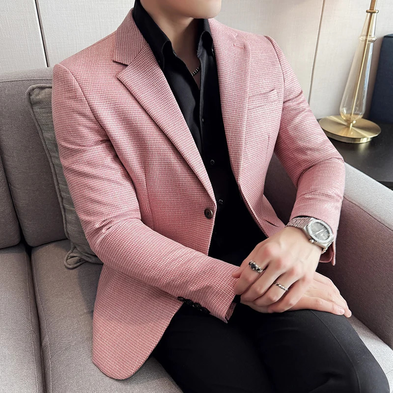 Bright Silk Thousand Bird Grid Suit Jacket Koreanstyle Business Fashion Slim Fit Single Breasted Men Social Party Dress Coats 260902