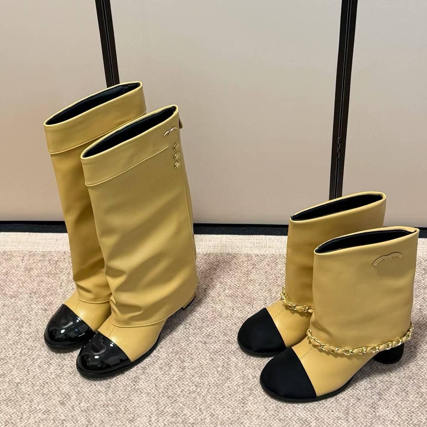 Booties Designer Luxury Shoe Female Block Heel Metallic Tall Winter Fashion Work Club Night Ankle Embroidery Logo Stylish Quality Street Outdoor Smo