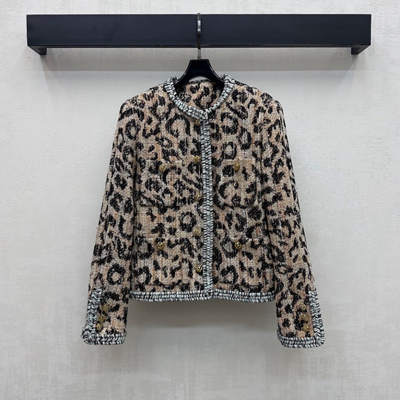 Luxury Women Leopard Tweed Jacket Designer Gold Button Up Round Neck Coat Chain Hem High Waist Skirt Ladies Elegant Jackets