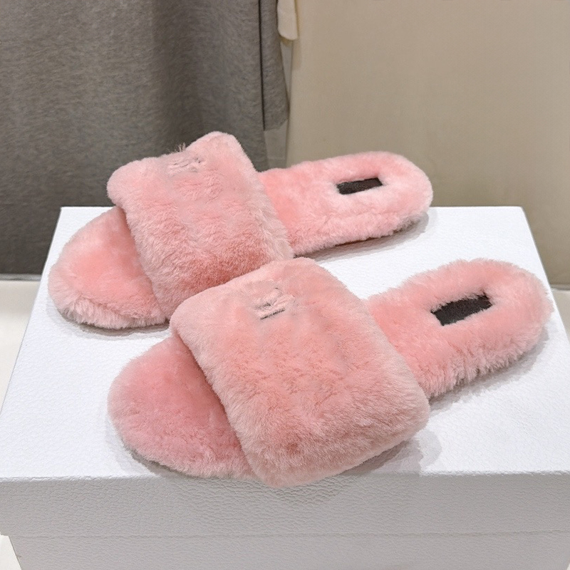 Automne et hiver style de luxe léger laine moelleuse en peluche une ligne glisser semelle en cuir véritable femmes maison et extérieur double usa
