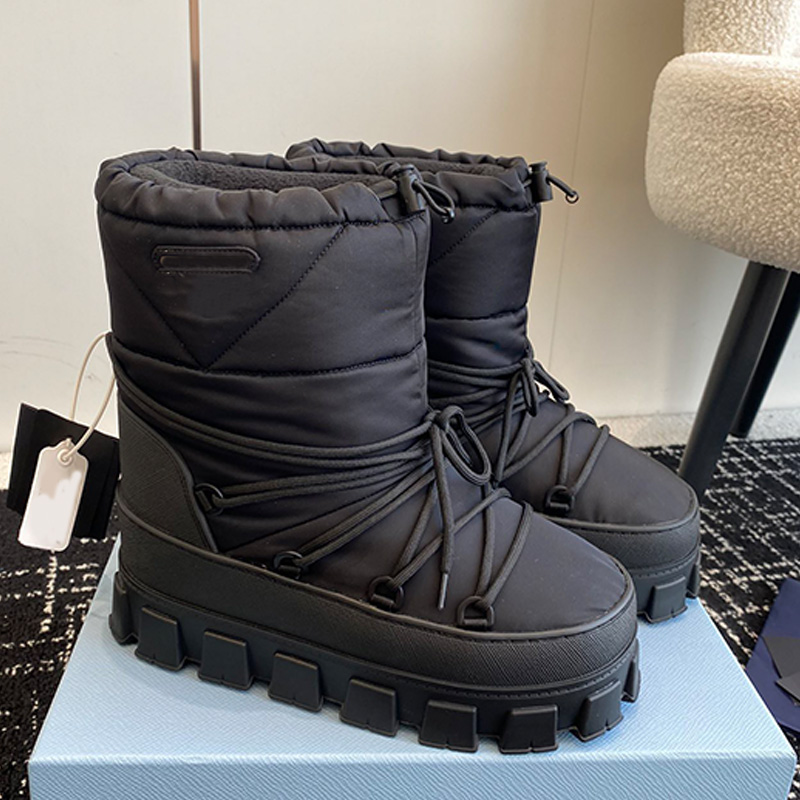 Autumn and winter womens Re Nylon gabardine after ski boots designer lace up wool interior snow boots womans outdoor warm wearing short boots
