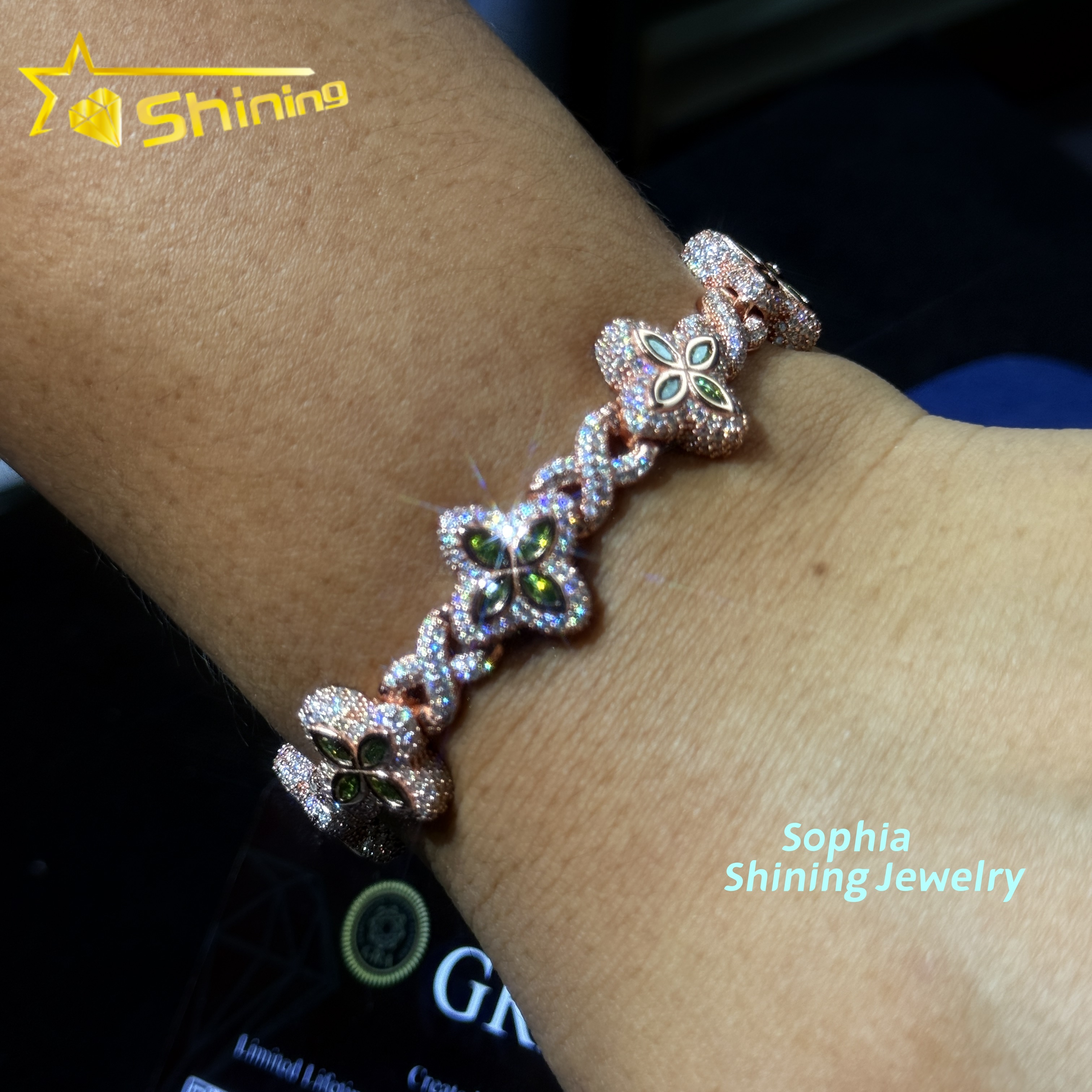 New Arrivals Fashion Jewelry 925 Sterling Silver Vvs Green Color Moissanite Diamond Four Leaf Clover Cuban Link Tennis Bracelet