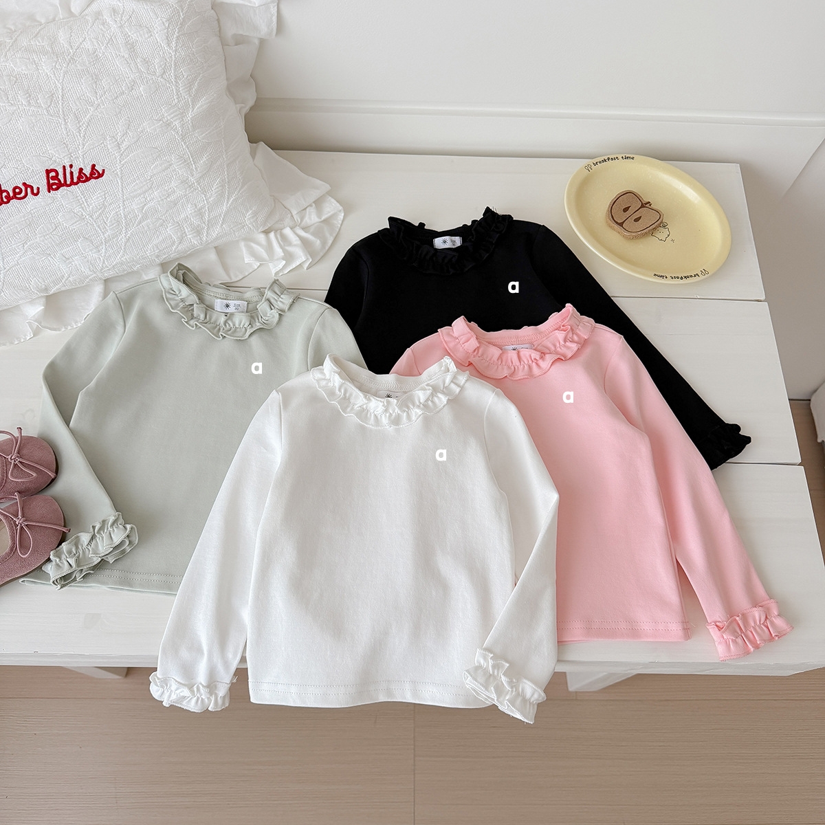 A2883 Ruffled Collar Long-Sleeve Base Layer Spring/Fall Cotton Thermal Underwear for Kids Cute Korean-Style Thickened Top