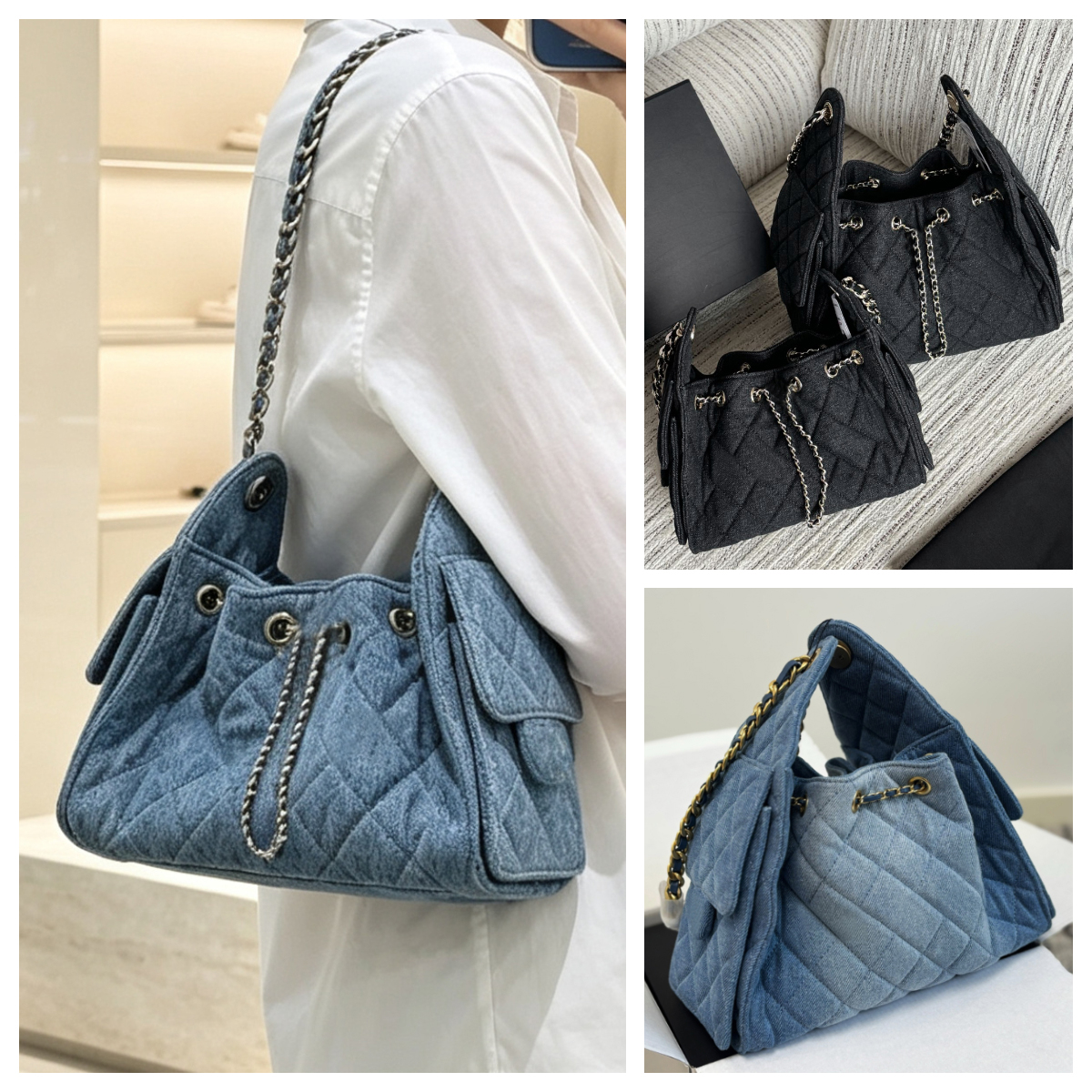 Designer Hobo bag Denim 25C Bag Washed Blue Denim Fabric Diamond Quilted Drawstring Shoulder Tote Bag Women Vintage Denim 25 Bucket Bag Street Trend