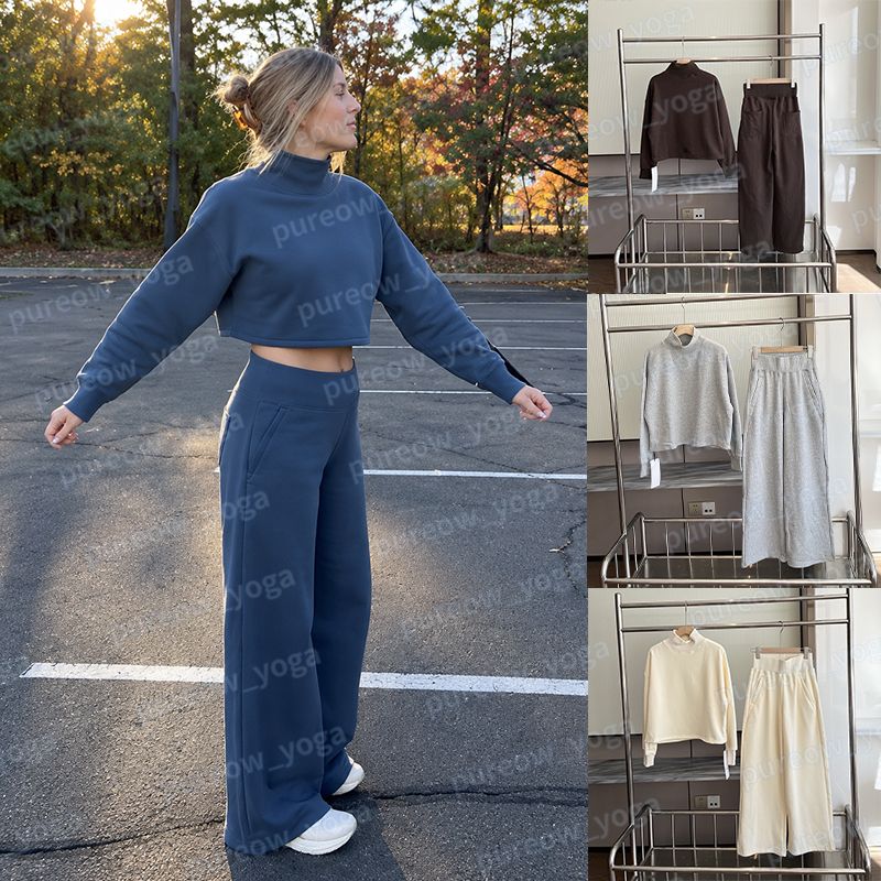 Womens High Neck Sweatshirt Cotton Pullover Long Sleeve Top Flare Pants Elastic High Waist Drawstring Fleece Lined Straight Wide Leg Sweatpants Casu