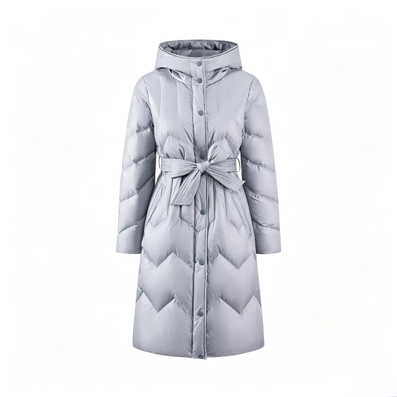 Women Long Hooded Down Jacket Light Color Waist Tie Knee-Length Thickened Elegant Commute Puffer Coat For Autumn Winter