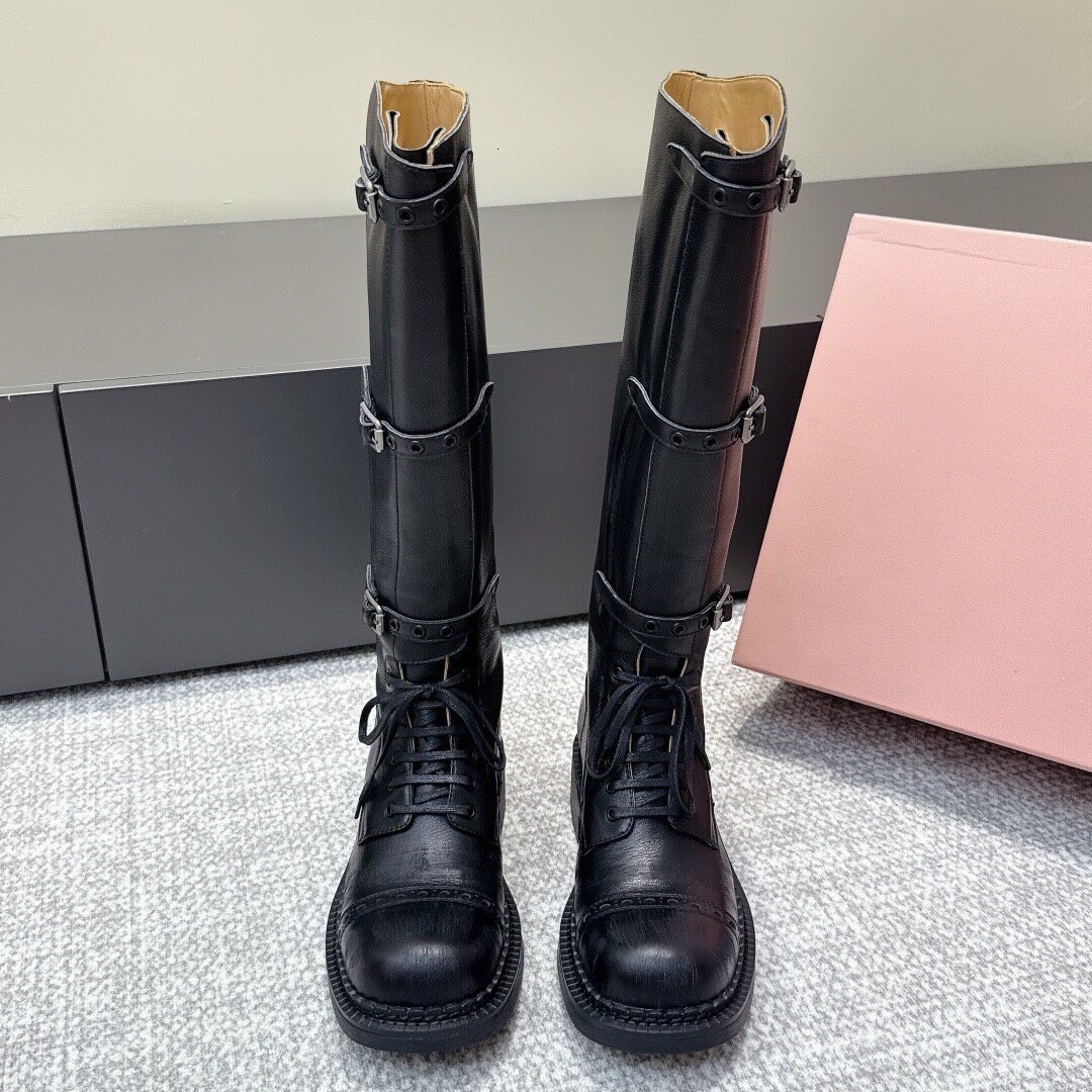 Motorcycle Boot Shoe Designer Luxury boots Lady High Calf Leather Lace Combat Street Punk Fashion Stylish Winter Model Strap Buckle Zipper Metallic