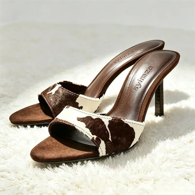 High Quality Faux Fur High Heel Slippers Women Fashion Animal Printed Slide Sandals Comfortable Pointed Toe High Heels Sandals 260917