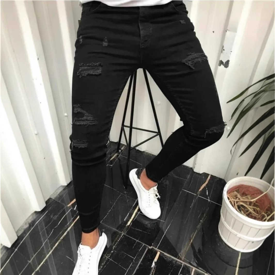 High-street tight-fitting trendy patchwork ripped skinny jeans solid color simple denim pants L2698