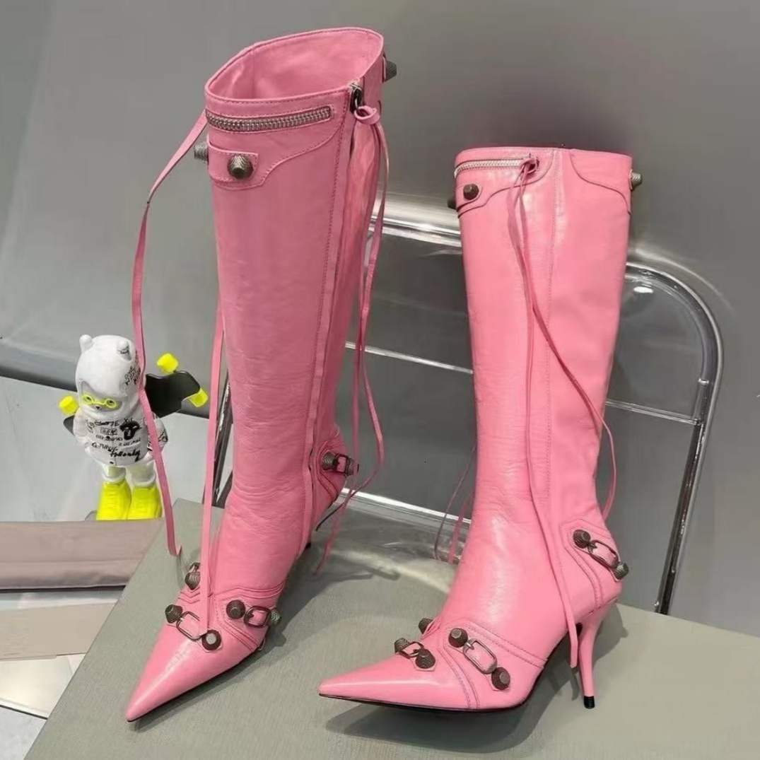 Luxury Shoe Designer Stiletto Boot Womens Long Calf Leather Strap Buckle Chain Charm Yellow Party boots Night Fashion Street Wear Modern Stylish Hot