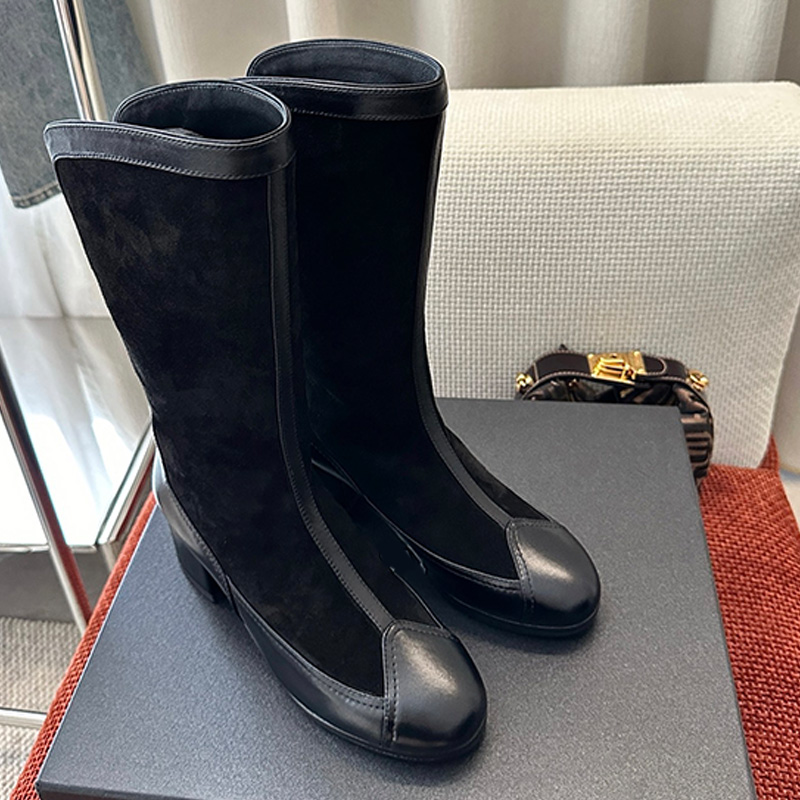 Designer womens mid length boots black sheepskin contrasting black suede shoes upper fashion boots womans spring and autumn outdoor wear Middle boot