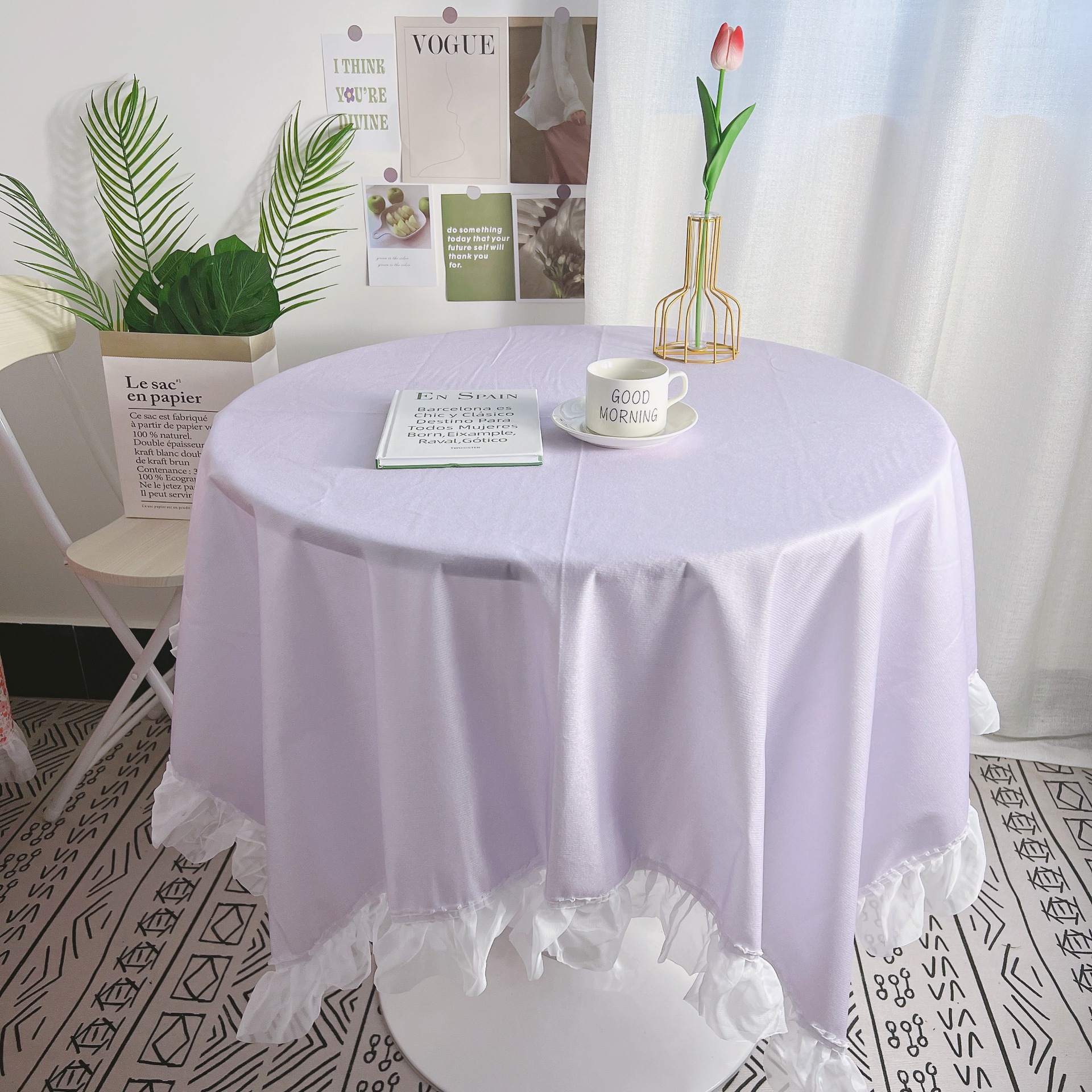 YL-39177 Custom Nordic style solid color lace trimmed fabric tablecloth