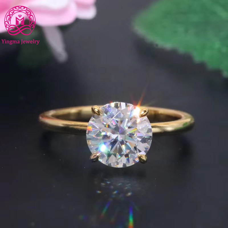 Yingma Jewelry Simple Design 8mm 2ct Round Cut 925 Sterling Silver 14K 18K Yellow Gold Moissanite Ring for Wedding Engagement