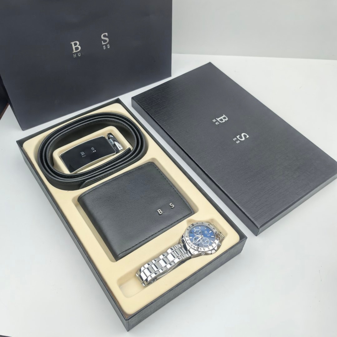 Designer Belt Men's Gift Set, High Quality Black Leather Belts + Bifold Wallet + Stainless Steel Watch, Ceinture 3-Piece Boxed Set for Husband/
