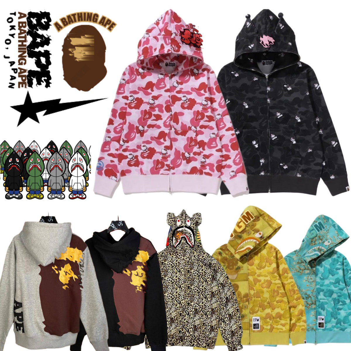 baphoodie Shark A Bathing Ape collaboration hoodie Camouflage Collaboration Zip-Up Hoodie Unisex Loose-fitting Pure Cotton Hooded Cardigan Jacket00