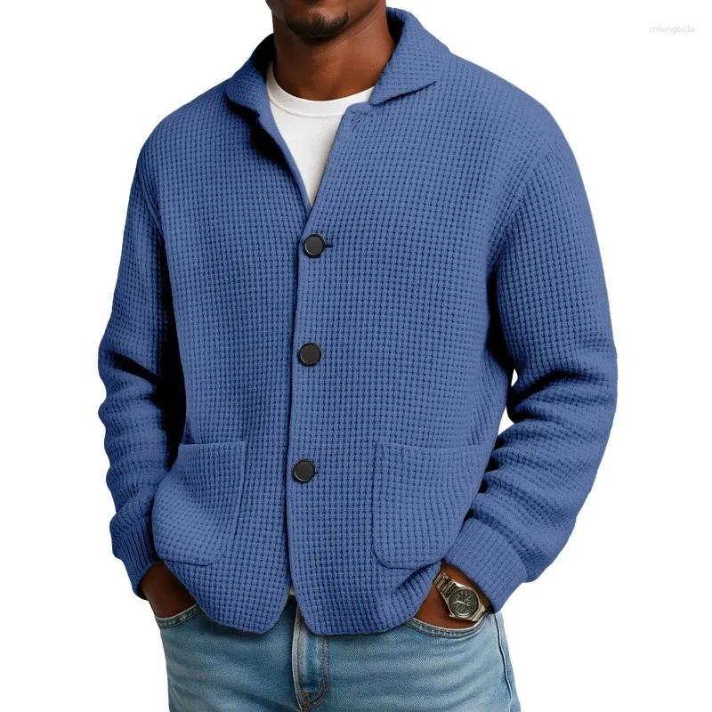 Men' s Suits Men Waffle Knit Cardigan Lapel Button Down