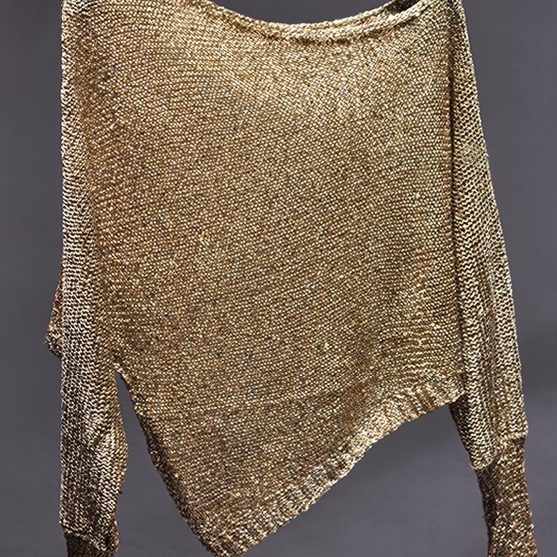 Femmes Doré Métallisé Top En Tricot À Manches Longues Col Bateau Lâche Manches Chauve-Souris Évider Ourlet Irrégulier Pull Décontracté Fête Léger