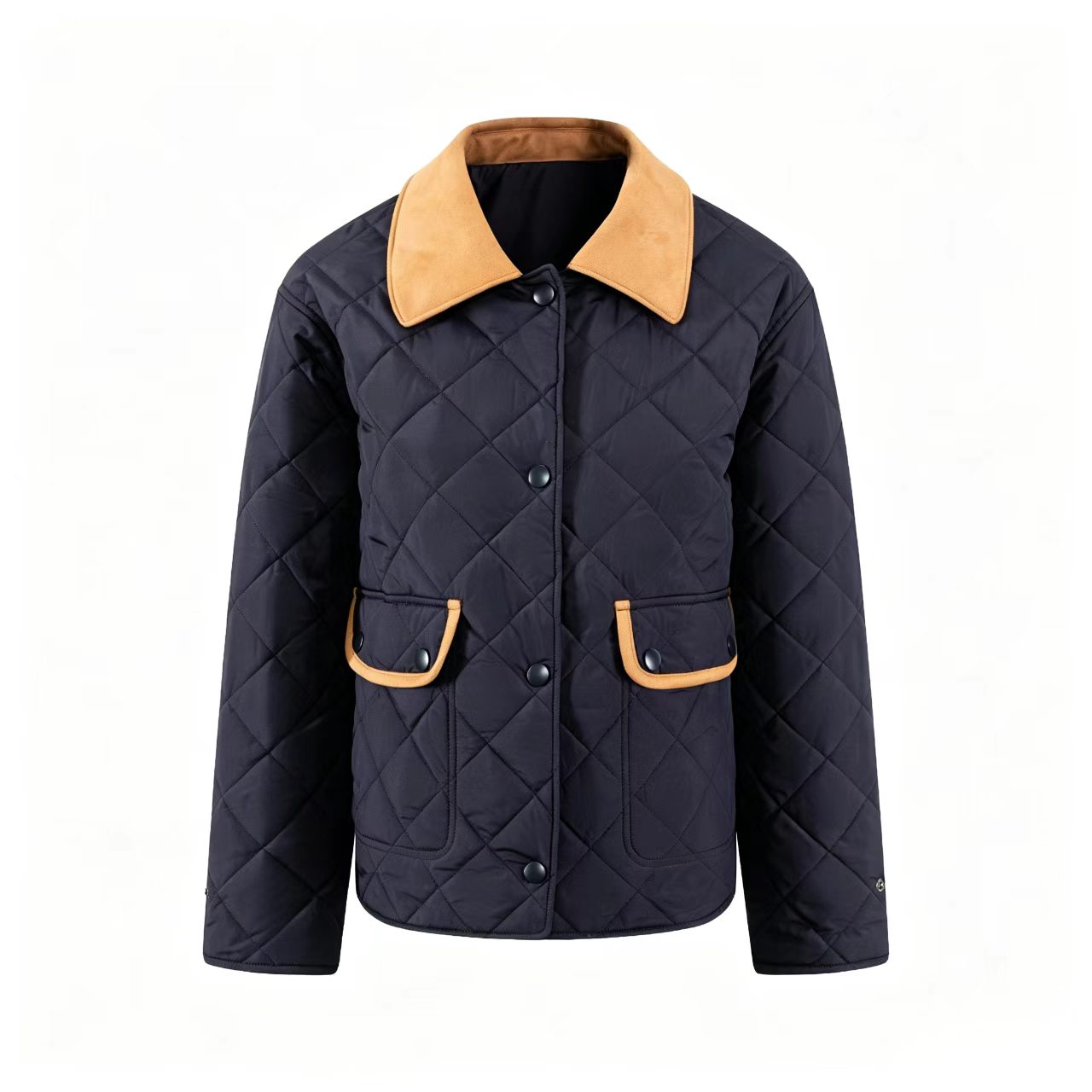 Womens Diamond Quilted Puffer Jacket Short Color Block Suede Collar Loose Fit Retro Winter Coat