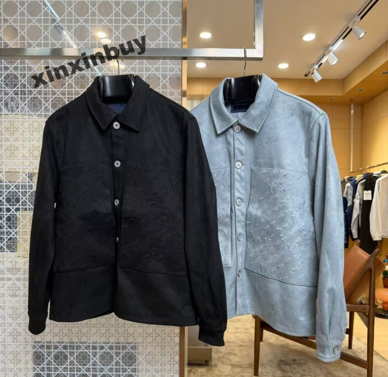 Men's letters Jacquard Jacket faux suede Embossed Pocket Lapel Collar Workwear Casual Streetwear Outer Coat blue black gray xinxinbuy M-3XL