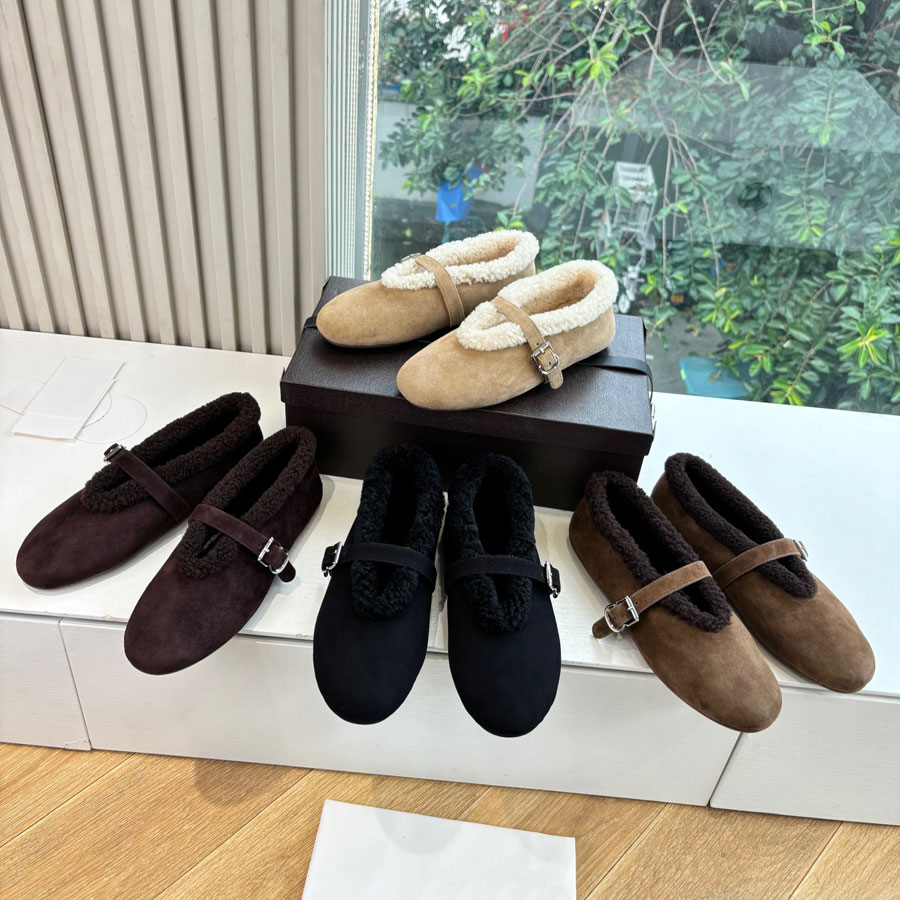 Top quality Winter warm suede fur Ballet flats Mary Jane shoes furry fluffy loafers Sandals for womens Wool ballerina Flat Luxury designer fur shoes